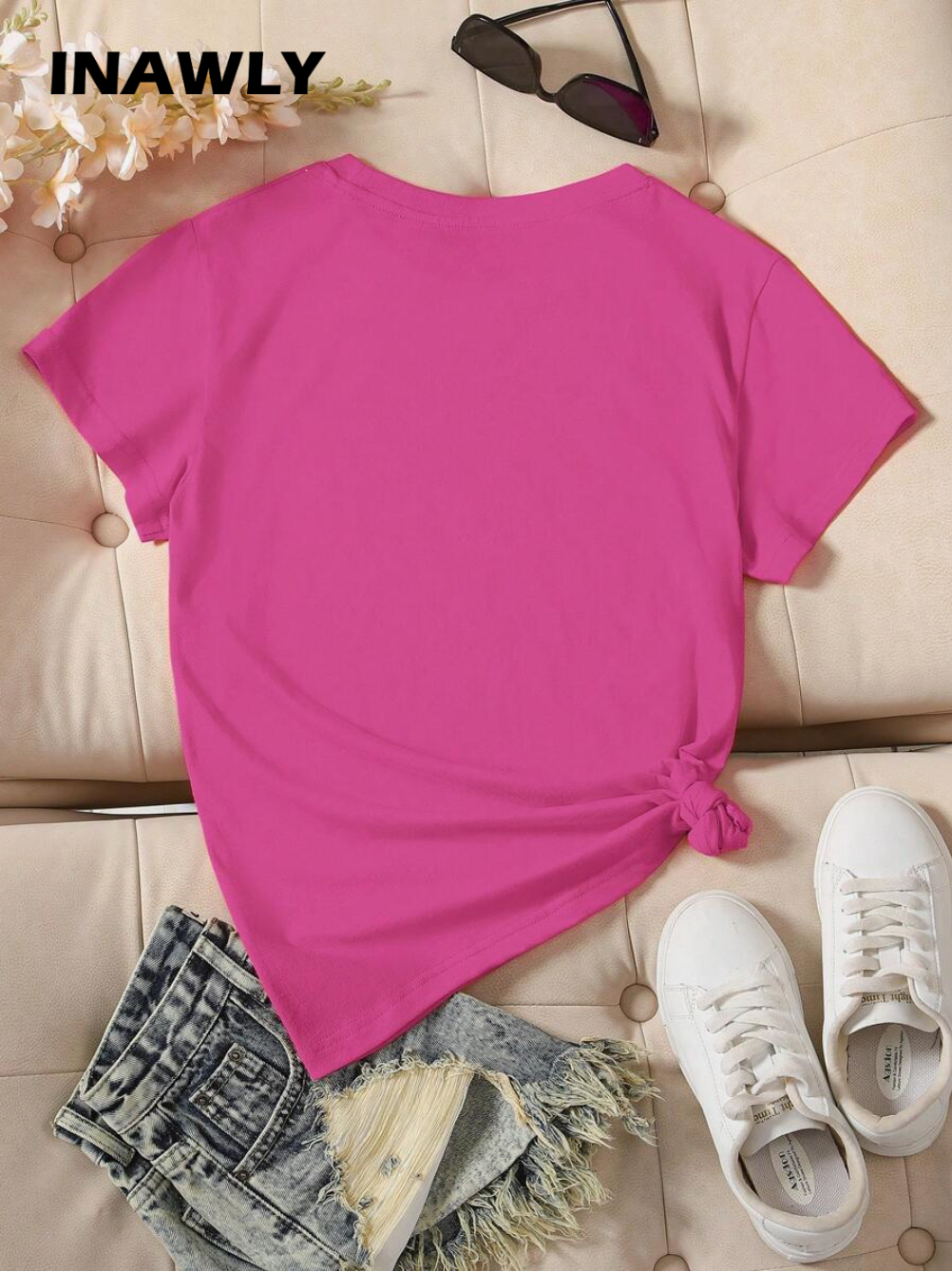 INAWLY Camiseta Casual Para Mujeres De Cuello Redondo Y unicolor