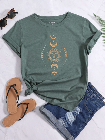 INAWLY Camiseta con estampado de sol y luna, camisetas gráficas para mujer