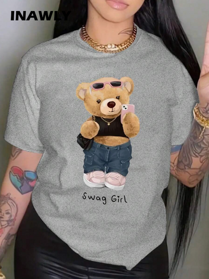 INAWLY Camiseta gráfica de mujer con cuello redondo y estampado de letra y oso, camiseta de verano para mujer