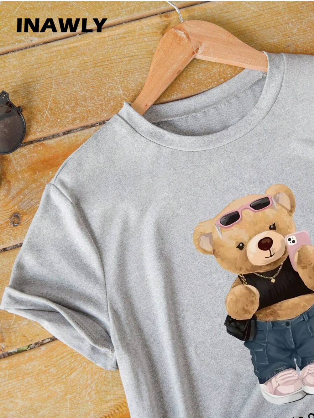 INAWLY Camiseta gráfica de mujer con cuello redondo y estampado de letra y oso, camiseta de verano para mujer