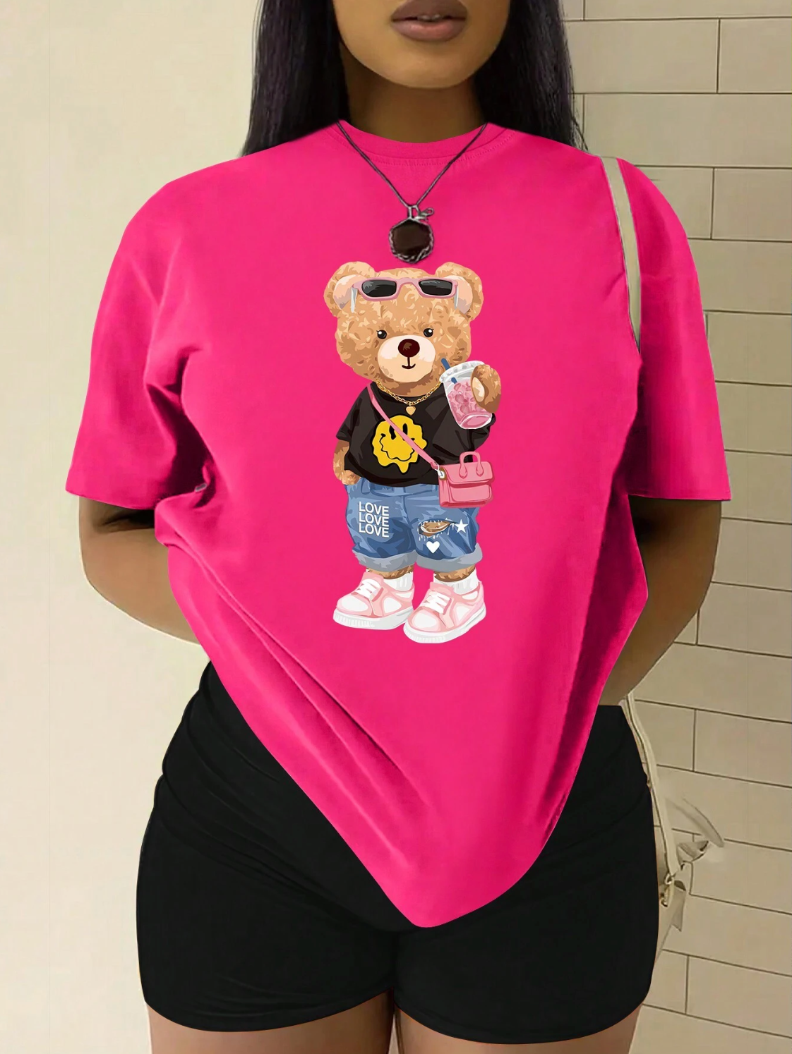 SHEIN Camiseta de manga corta con estampado de oso de dibujos animados para mujer, camisetas gráficas para mujeres