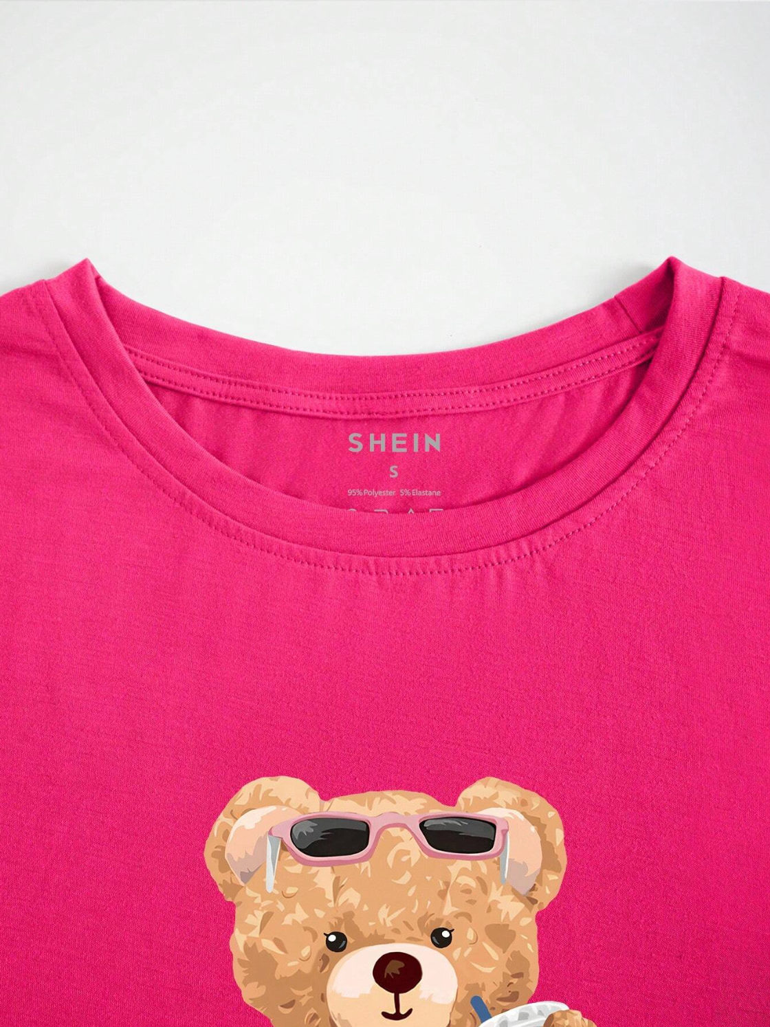 SHEIN Camiseta de manga corta con estampado de oso de dibujos animados para mujer, camisetas gráficas para mujeres