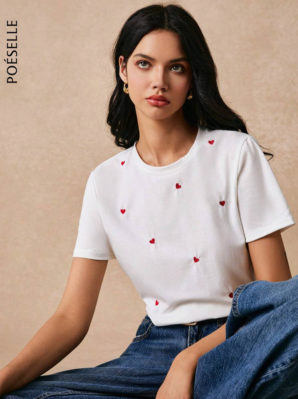 Poéselle Camiseta informal de manga corta para uso diario con estampado de corazón bordado de hilo para mujer, camiseta de verano en algodón para el atuendo de fiesta de té y top bordado blanco, camiseta de verano para mujer