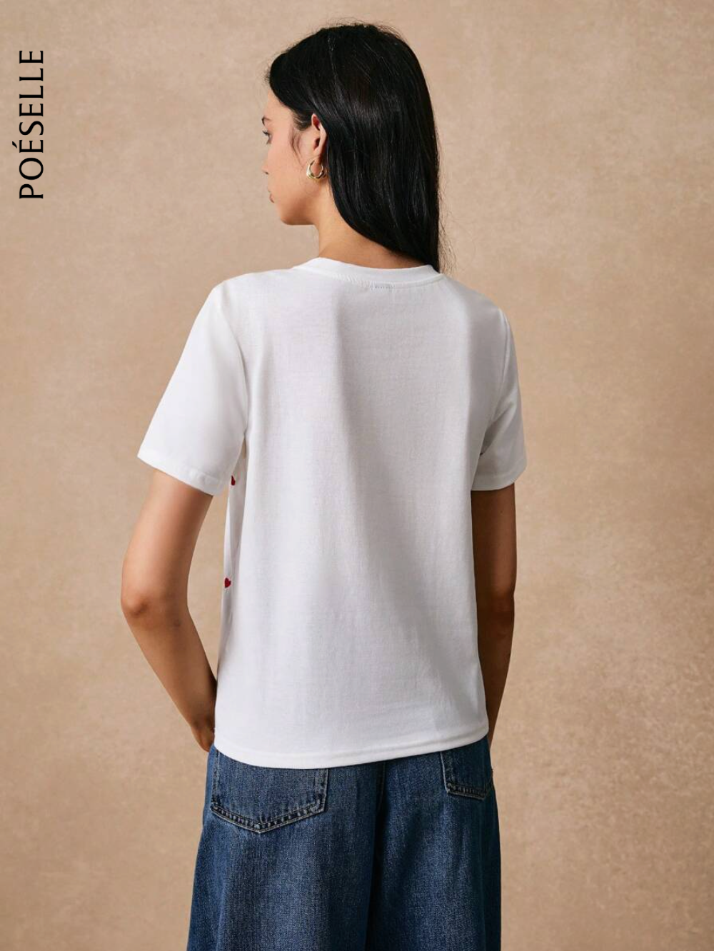 Poéselle Camiseta informal de manga corta para uso diario con estampado de corazón bordado de hilo para mujer, camiseta de verano en algodón para el atuendo de fiesta de té y top bordado blanco, camiseta de verano para mujer