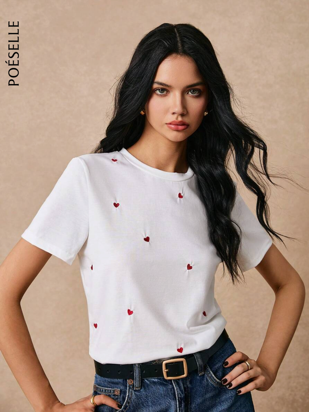 Poéselle Camiseta informal de manga corta para uso diario con estampado de corazón bordado de hilo para mujer, camiseta de verano en algodón para el atuendo de fiesta de té y top bordado blanco, camiseta de verano para mujer