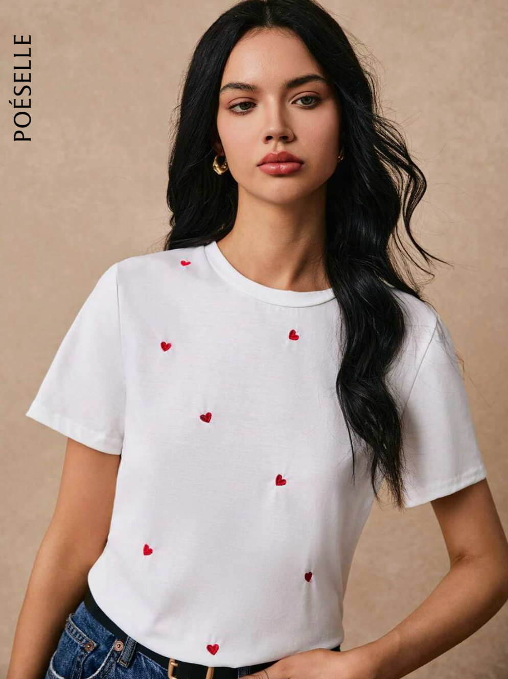 Poéselle Camiseta informal de manga corta para uso diario con estampado de corazón bordado de hilo para mujer, camiseta de verano en algodón para el atuendo de fiesta de té y top bordado blanco, camiseta de verano para mujer