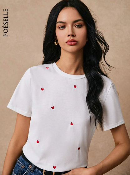 Poéselle Camiseta informal de manga corta para uso diario con estampado de corazón bordado de hilo para mujer, camiseta de verano en algodón para el atuendo de fiesta de té y top bordado blanco, camiseta de verano para mujer