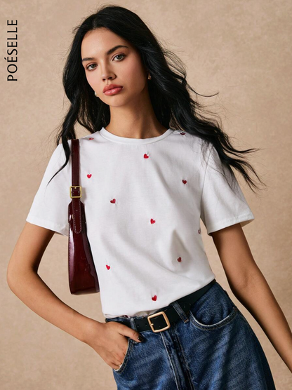 Poéselle Camiseta informal de manga corta para uso diario con estampado de corazón bordado de hilo para mujer, camiseta de verano en algodón para el atuendo de fiesta de té y top bordado blanco, camiseta de verano para mujer