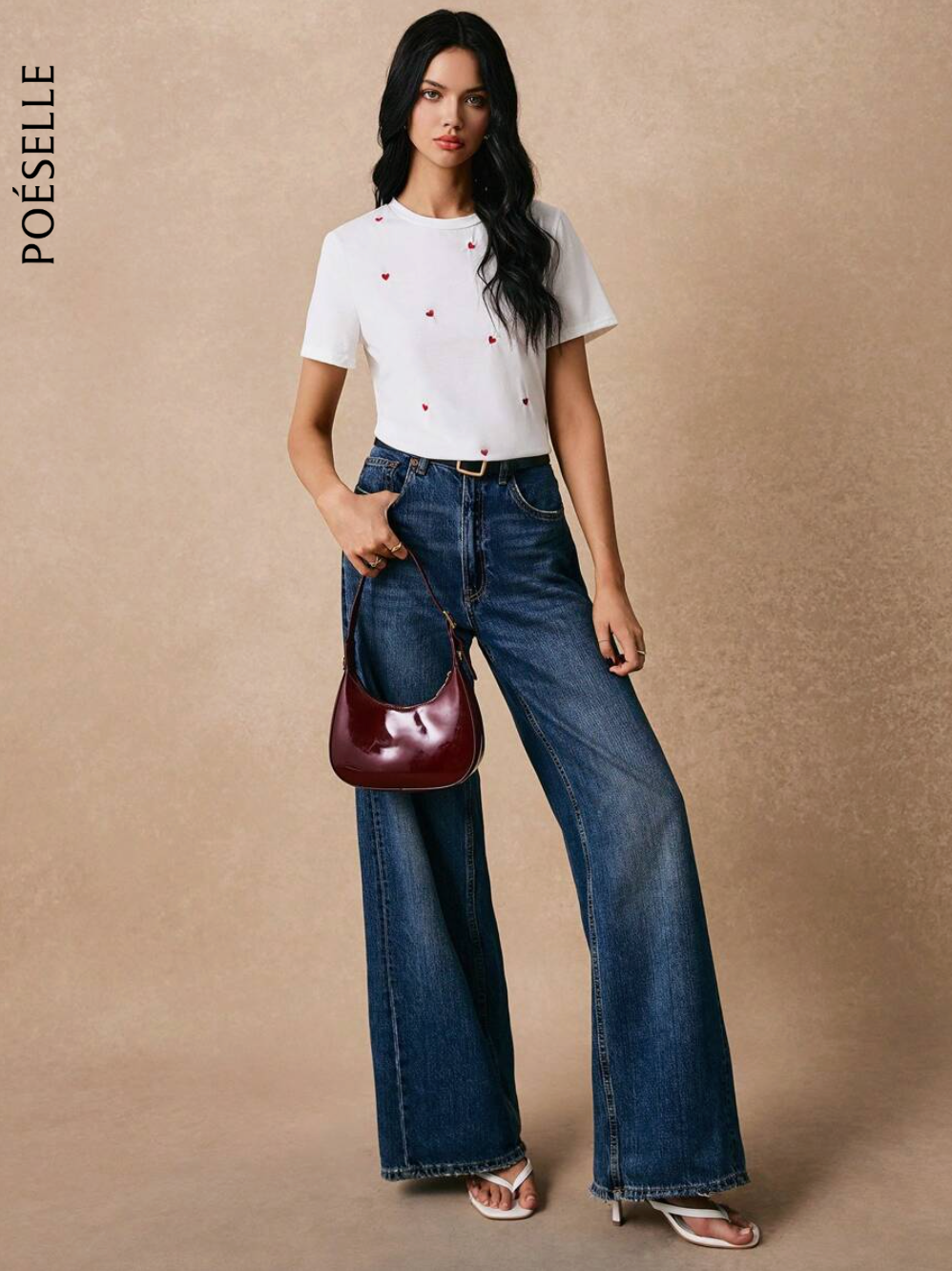 Poéselle Camiseta informal de manga corta para uso diario con estampado de corazón bordado de hilo para mujer, camiseta de verano en algodón para el atuendo de fiesta de té y top bordado blanco, camiseta de verano para mujer