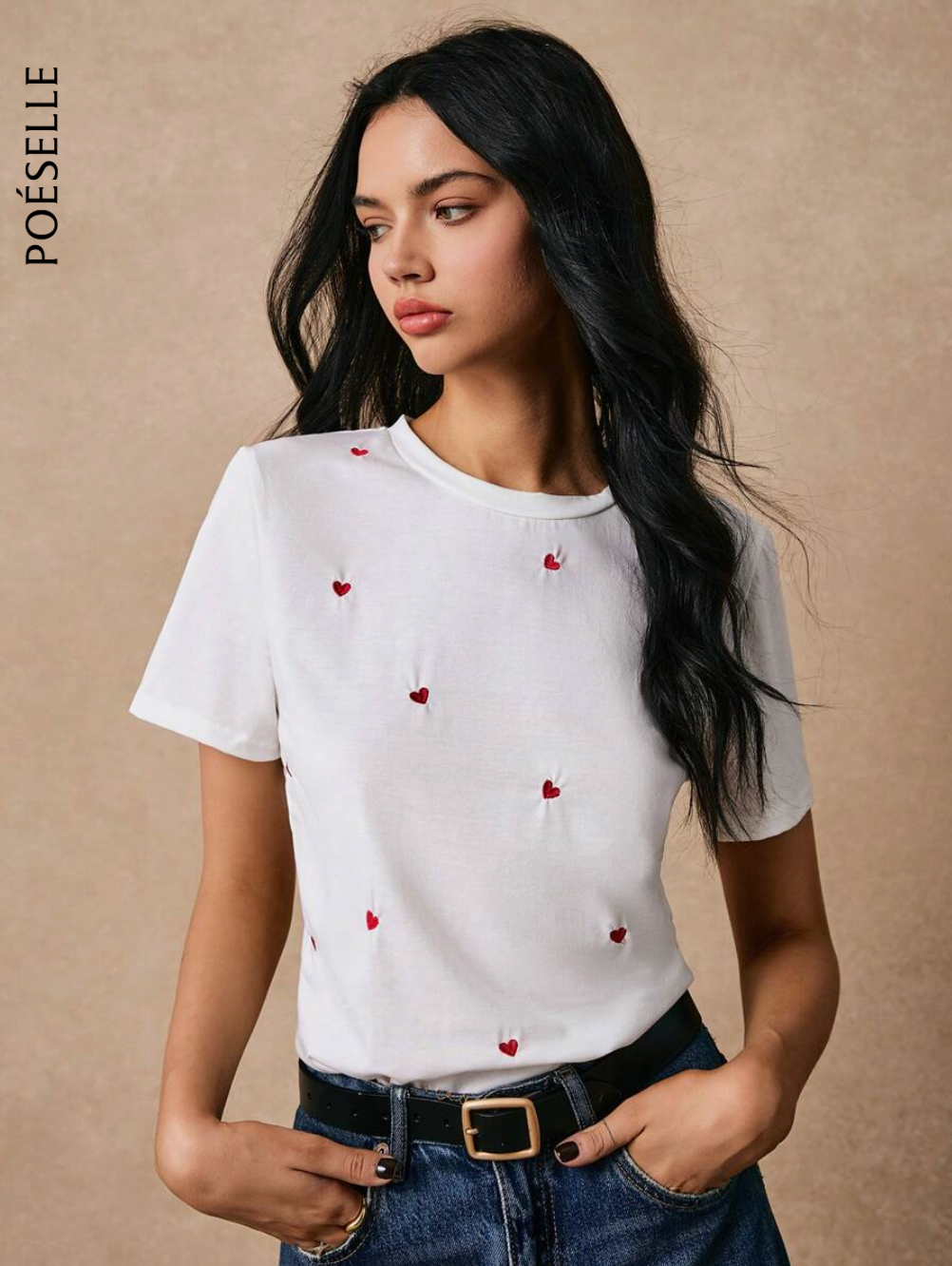 Poéselle Camiseta informal de manga corta para uso diario con estampado de corazón bordado de hilo para mujer, camiseta de verano en algodón para el atuendo de fiesta de té y top bordado blanco, camiseta de verano para mujer