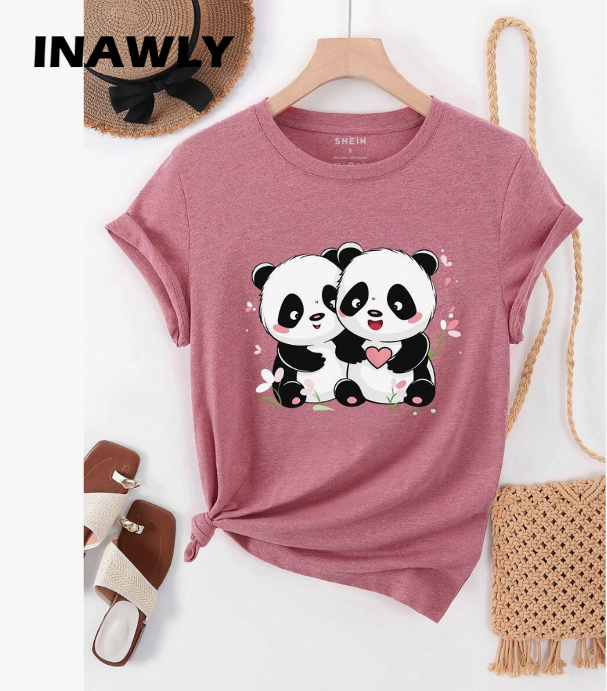 INAWLY Camiseta de manga corta con cuello redondo y estampado de panda, de estilo casual para mujer