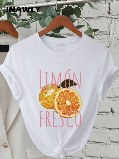 INAWLY Camiseta de manga corta informal con estampado de fruta y letra, para verano