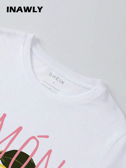 INAWLY Camiseta de manga corta informal con estampado de fruta y letra, para verano