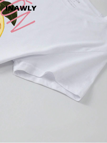 INAWLY Camiseta de manga corta informal con estampado de fruta y letra, para verano