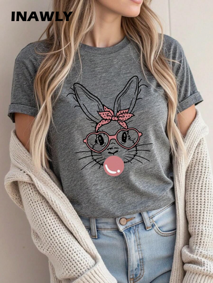 INAWLY Camiseta de manga corta y cuello redondo con diseño de conejo de dibujos animados, ideal para uso casual en Pascua
