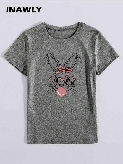 INAWLY Camiseta de manga corta y cuello redondo con diseño de conejo de dibujos animados, ideal para uso casual en Pascua