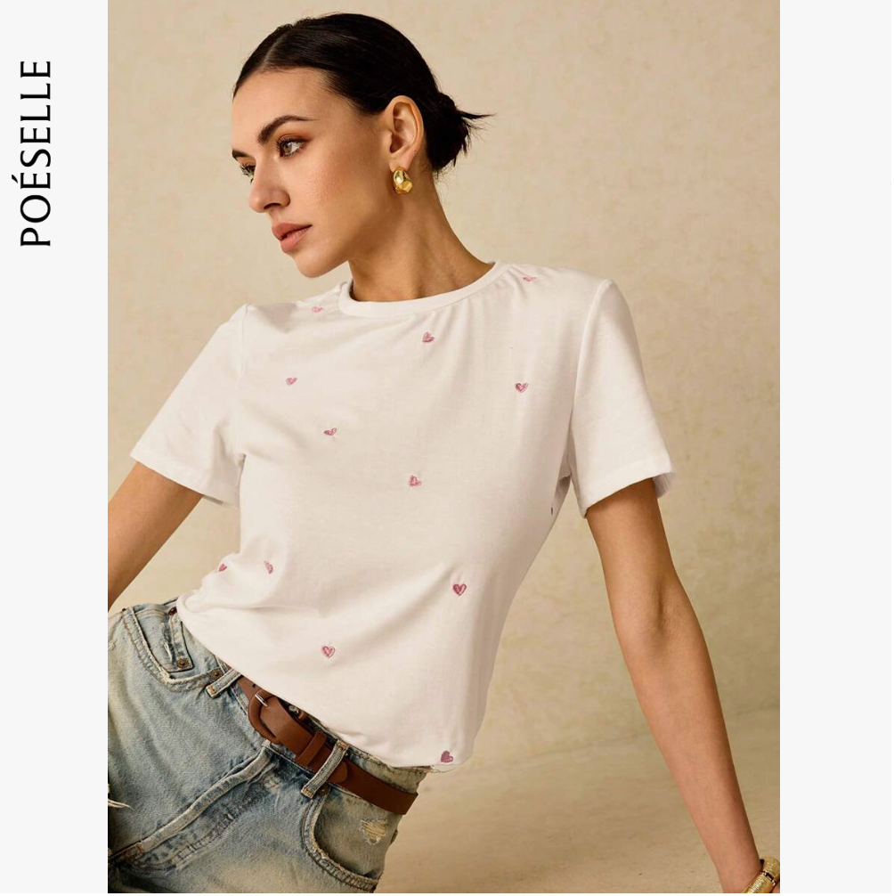 Poéselle Camiseta de manga corta de uso diario casual con bordado de corazón para mujer, camiseta de verano de algodón para fiestas del té con bordado, camiseta de verano