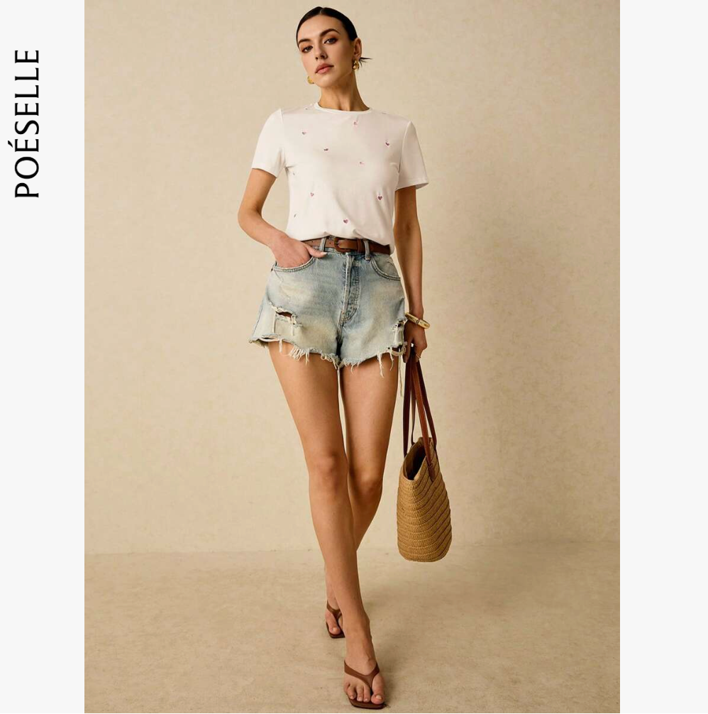 Poéselle Camiseta de manga corta de uso diario casual con bordado de corazón para mujer, camiseta de verano de algodón para fiestas del té con bordado, camiseta de verano