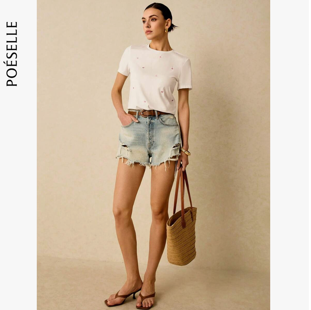 Poéselle Camiseta de manga corta de uso diario casual con bordado de corazón para mujer, camiseta de verano de algodón para fiestas del té con bordado, camiseta de verano