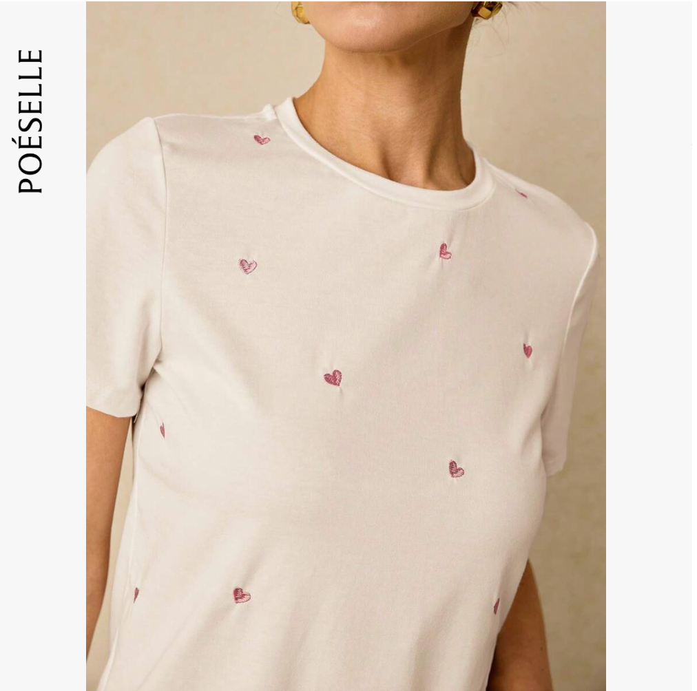 Poéselle Camiseta de manga corta de uso diario casual con bordado de corazón para mujer, camiseta de verano de algodón para fiestas del té con bordado, camiseta de verano