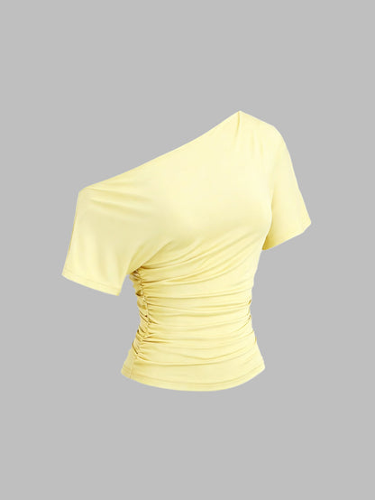 Sweetra Nueva camiseta casual de primavera/verano para mujer, de estilo elegante y de moda, con hombros asimétricos, ajuste ceñido y cómoda - Amarillo