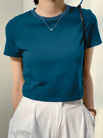 Dazy-Less Camiseta corta de cuello redondo de color sólido, estilo "Old Money", ropa casual de verano para mujer en el trabajo